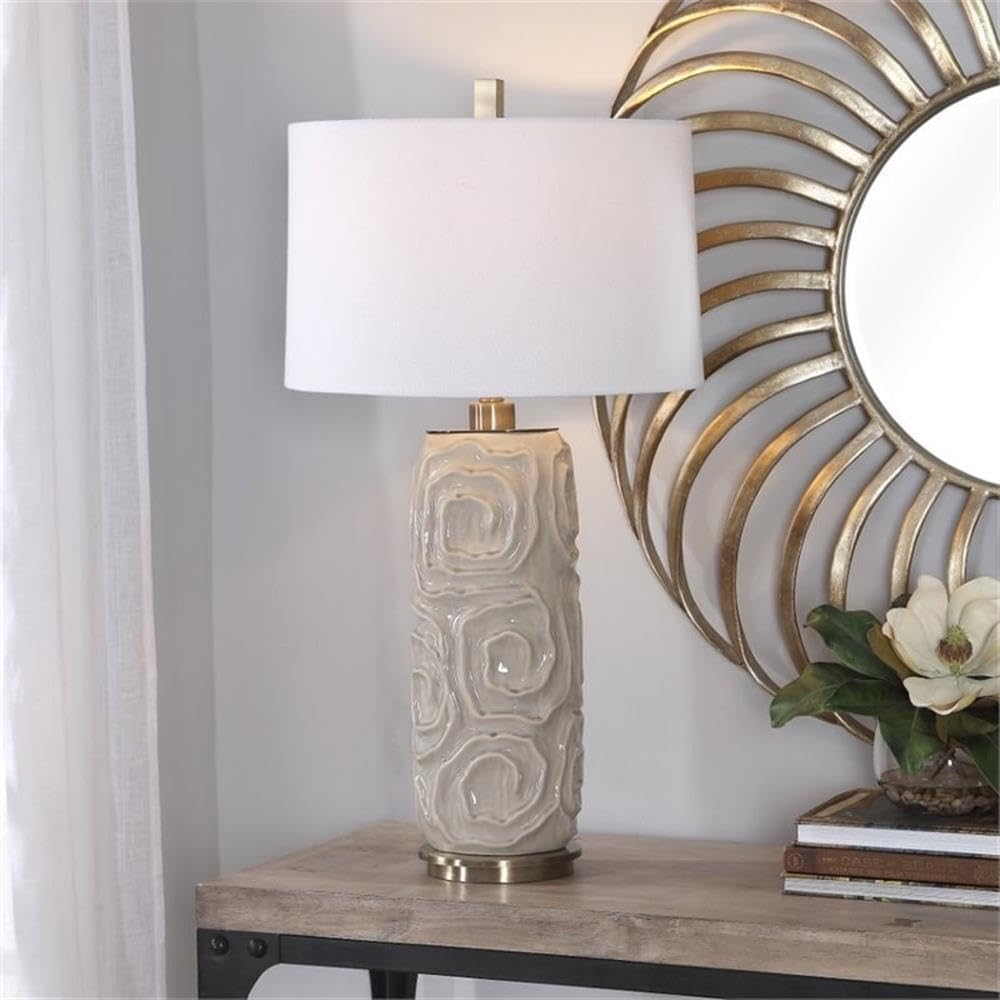 BOWERY HILL Ceramic Fabric and Iron Table Lamp, Warm Gray Crackled Glaze, 34" Height, 3-Way Socket, White Linen Drum Shade, Contemporary Design for Bedroom or Living Room