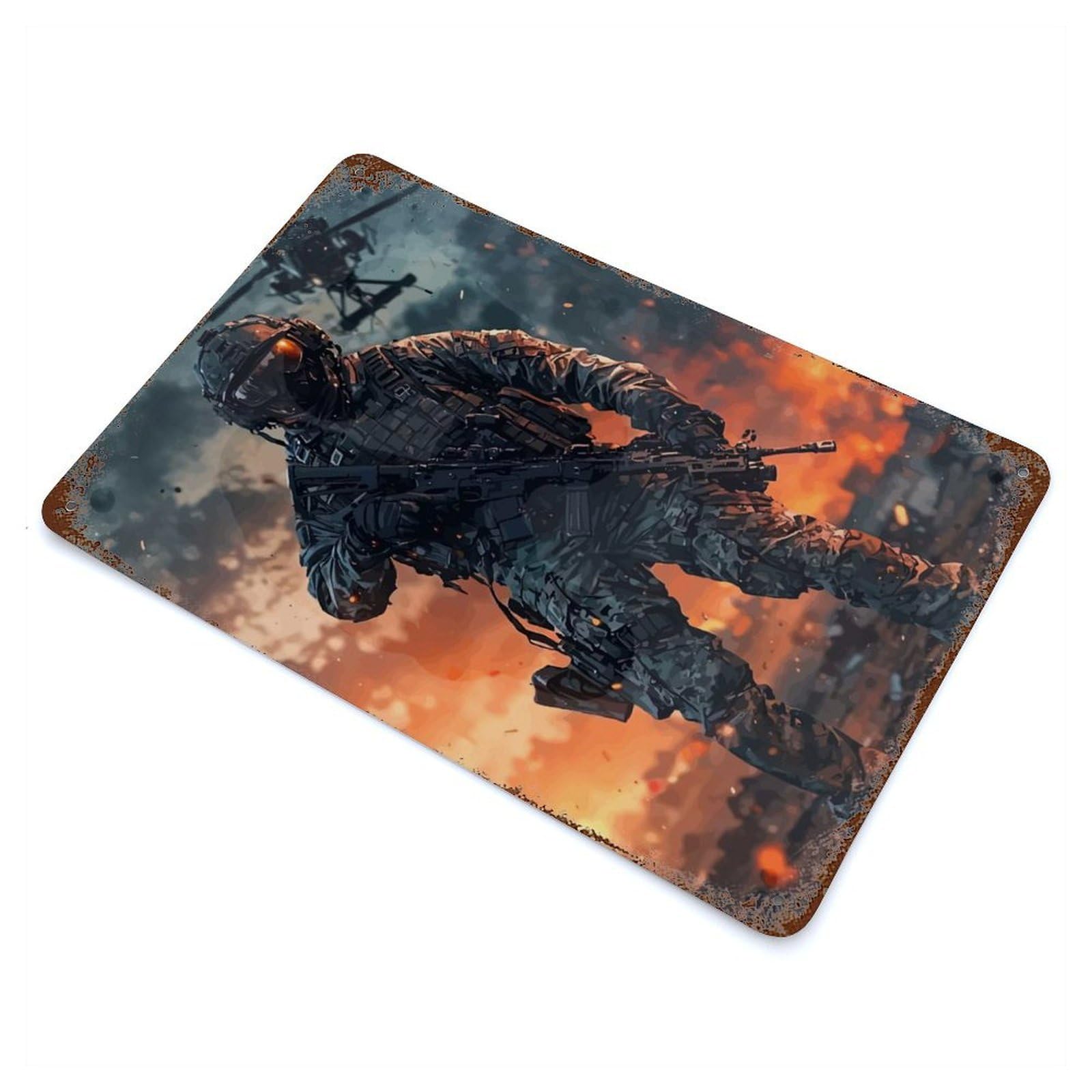 Rusty Metal Tin Sign Soldier Combat Zone Helicopter 11.8"x7.9", Industrial Home Decor for Patio, Garden Room And Bar Decor