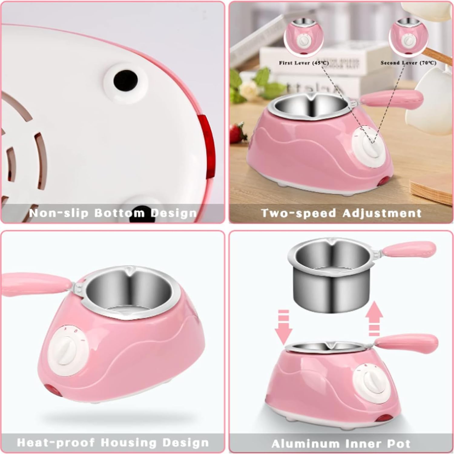 Electric Chocolate Melter for One Person, Adjustable 45-70°C, Non-stick, Easy to Clean, Melts Butter, Cheese, Sugar and Wax Quickly,Pink