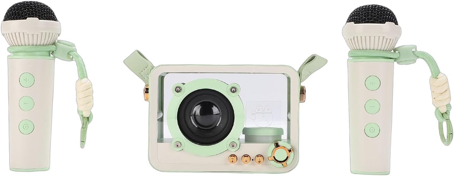 banapoy Mini Karaoke Machine with 2 Wireless Microphones, Portable Speaker Karaoke Microphone Machine with Lanyard, Cute Camera Design, for Home Party Birthday (Light Green)