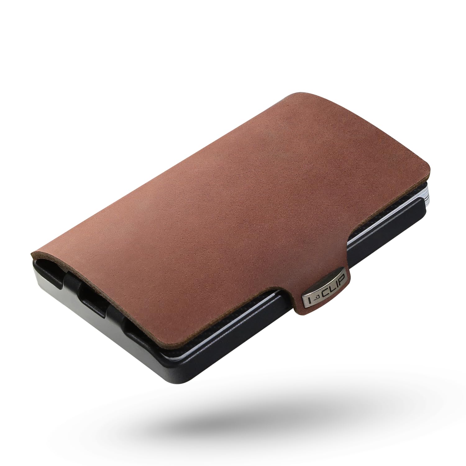 I-CLIP Original Herren Geldbörse – Slim Wallet mit Geldklammer – Mini-Portemonnaie mit Platz für bis zu 12 Karten – Ultraleicht mit nur 22g – Soft Touch Leder Oak – Schwarzer Rahmen
