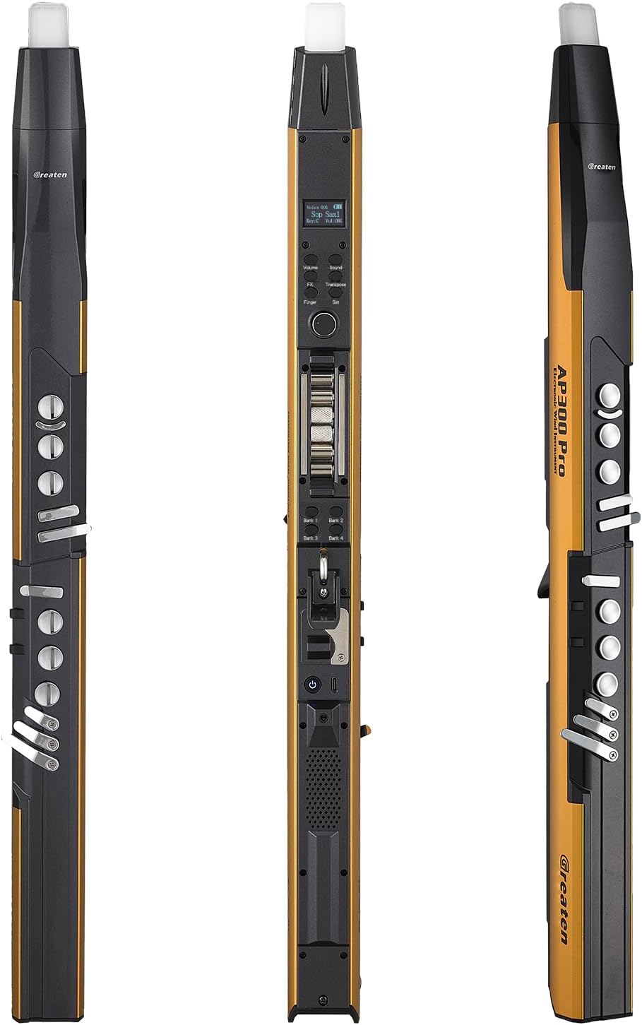 AP 300 Pro Electronic Wind Instrument with Bulit in OTG Recording and LCD Display Screen. 108 Global Tones Digital Saxophone with 6000Ah Battery and Bluetooth for Right-Handed Players Only (Golden)