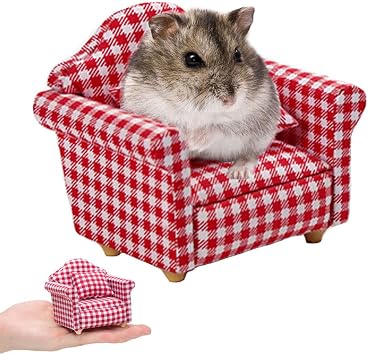 Hamster Mini Cotton Sofa Chair, Small Animal Blue Red Bed Cozy with Pillow, Cage Decor Photo Toys, Relax Habitat House Accessories, Sleep Pad Rest Nest for Hamster, Mice