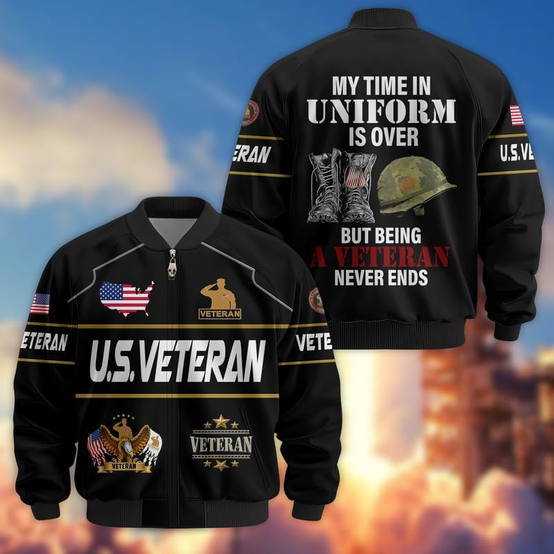 US Veteran Bomber Jacket - Military Bomber Jacket, Waterproof Coat, American Eagle Bomber, Veterans Day Gifts