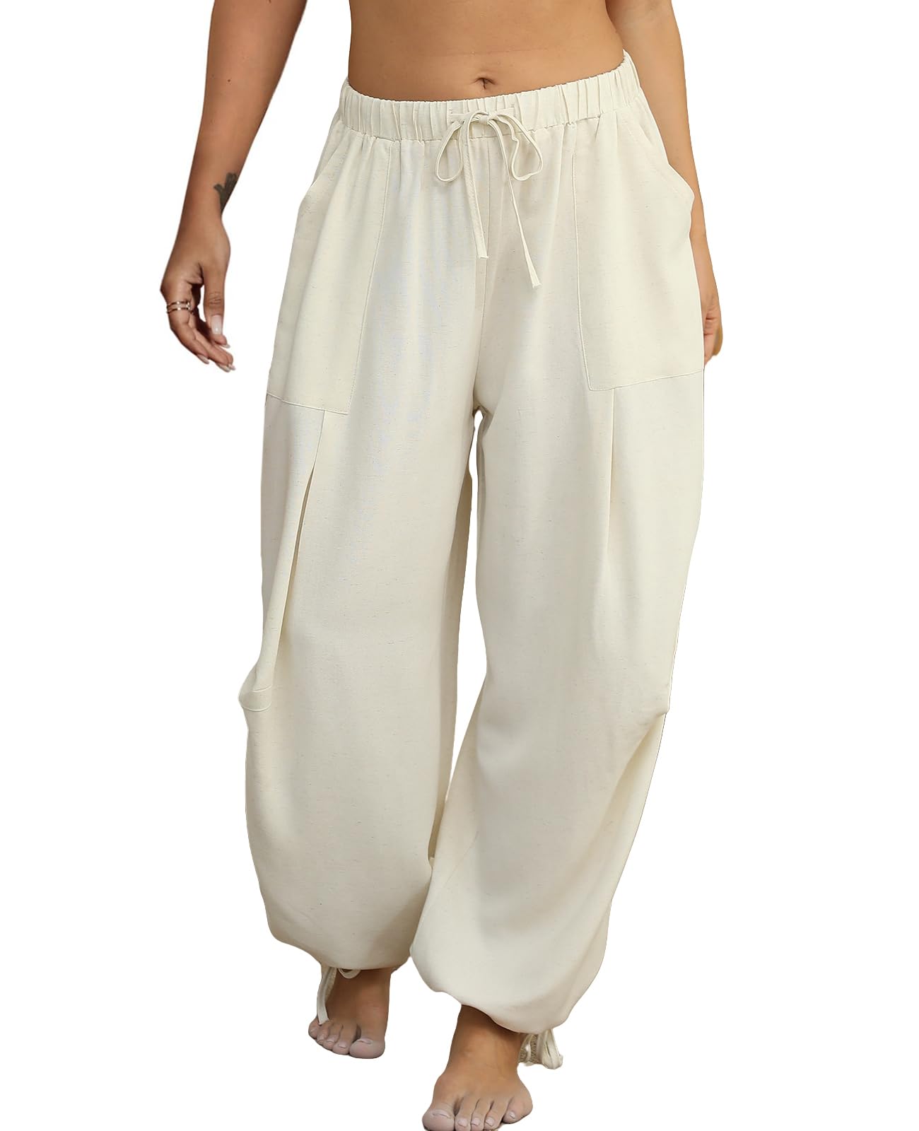 Women Linen Harem Pants Summer Drawstring Casual Lounge Baggy Pant Beach Travel Vacation Trousers with Pockets