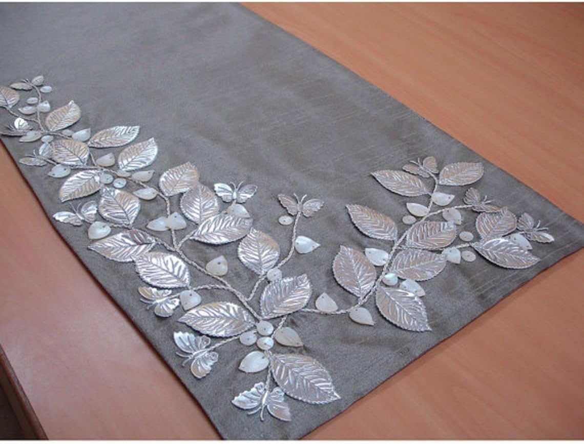 The HomeCentric Handmade Decorative Table Runner Silver Beige, Silver, Ivory, 14 inch Wide x 48 inch Long Silk Beaded Table Runner Silver Mother of Pearl Embroidered - Butterfly