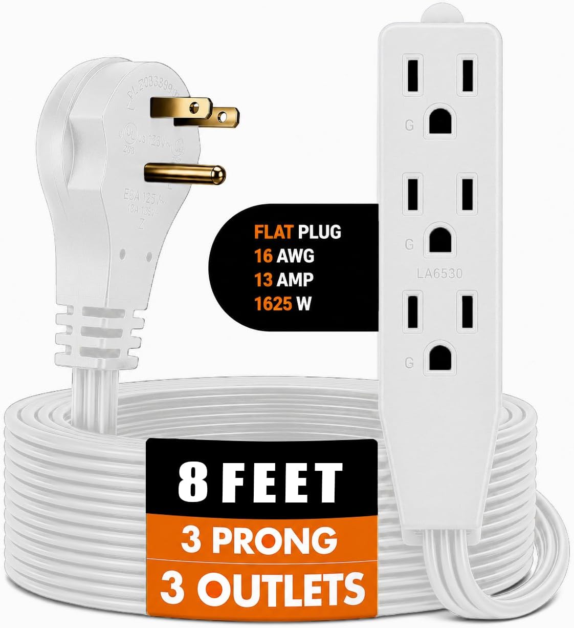 Flat Multiple Outlet Extension Cord 15 Ft for Indoor Use by Electes- UL-Listed 3-Prong Multi Extension Wire- Space-Saving Flat Angled Extension Cord- White- 3 Pack