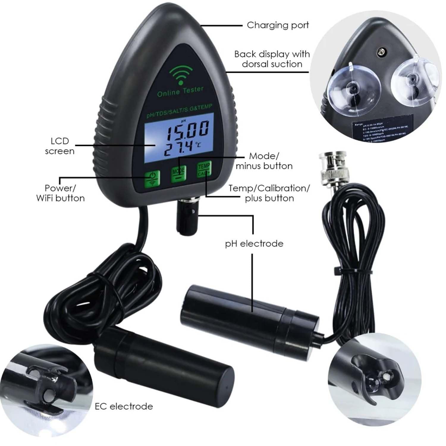Misuratore della qualità dell'acqua del pH, tester 5 in 1 con monitoraggio APP per pH, TDS, sale, S.G e temperatura, ideale per acquari, laghetti di pesce e piscine di acqua salata