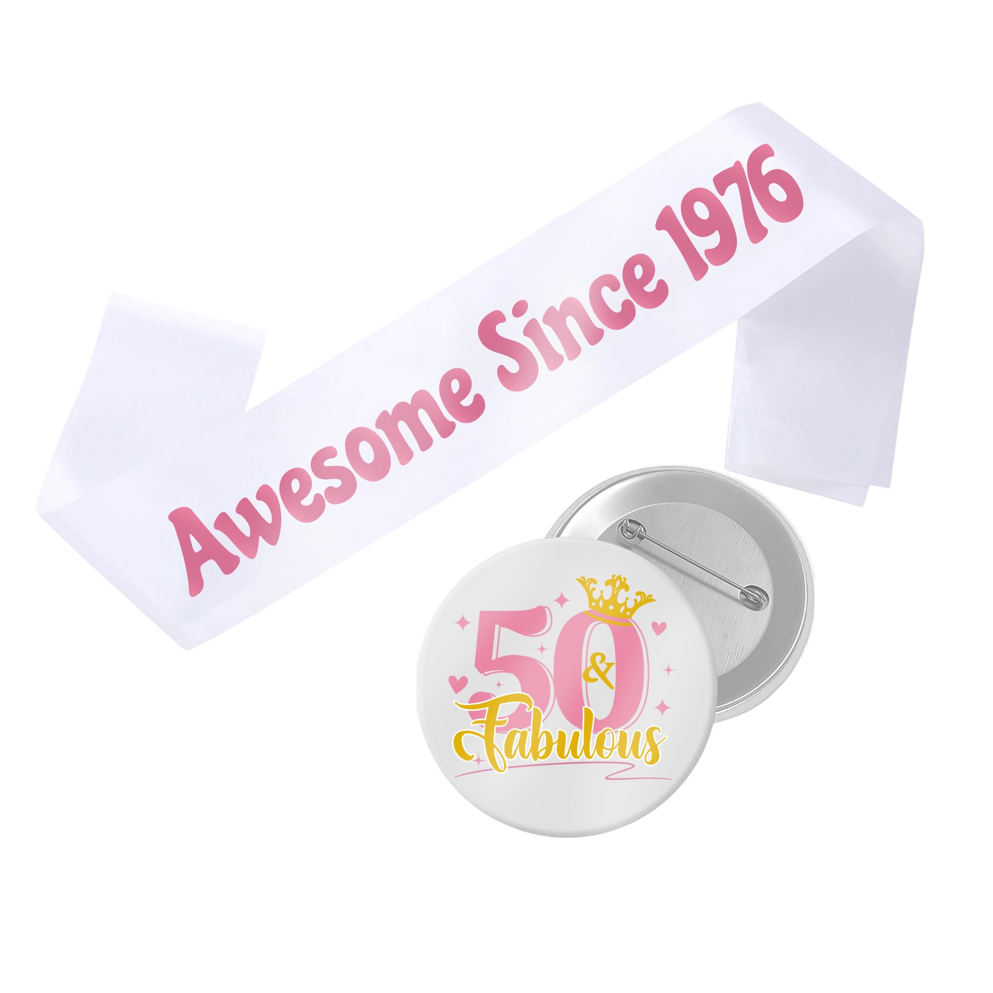 50th Birthday Decorations Gift Women - 2 Pcs Rose Gold Awesome Since 1976 Sash 50 Fabulous Button Badge Gift for Her Women 50 Year Old Birthday Party Accessories Supplies