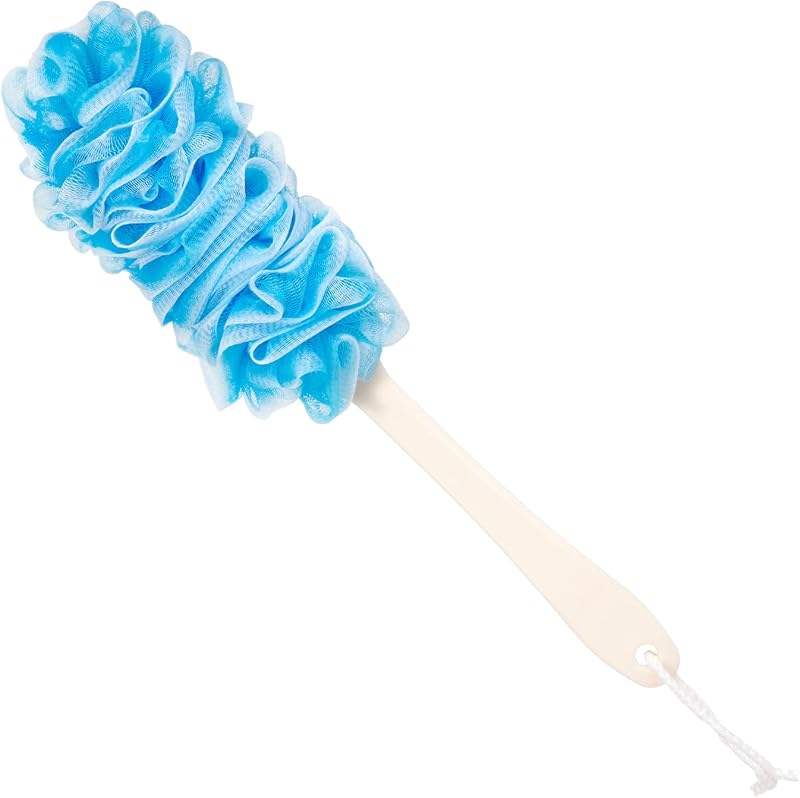 Escova para banho e corpo Arswin com cabo longo e esponja de malha de nylon azul