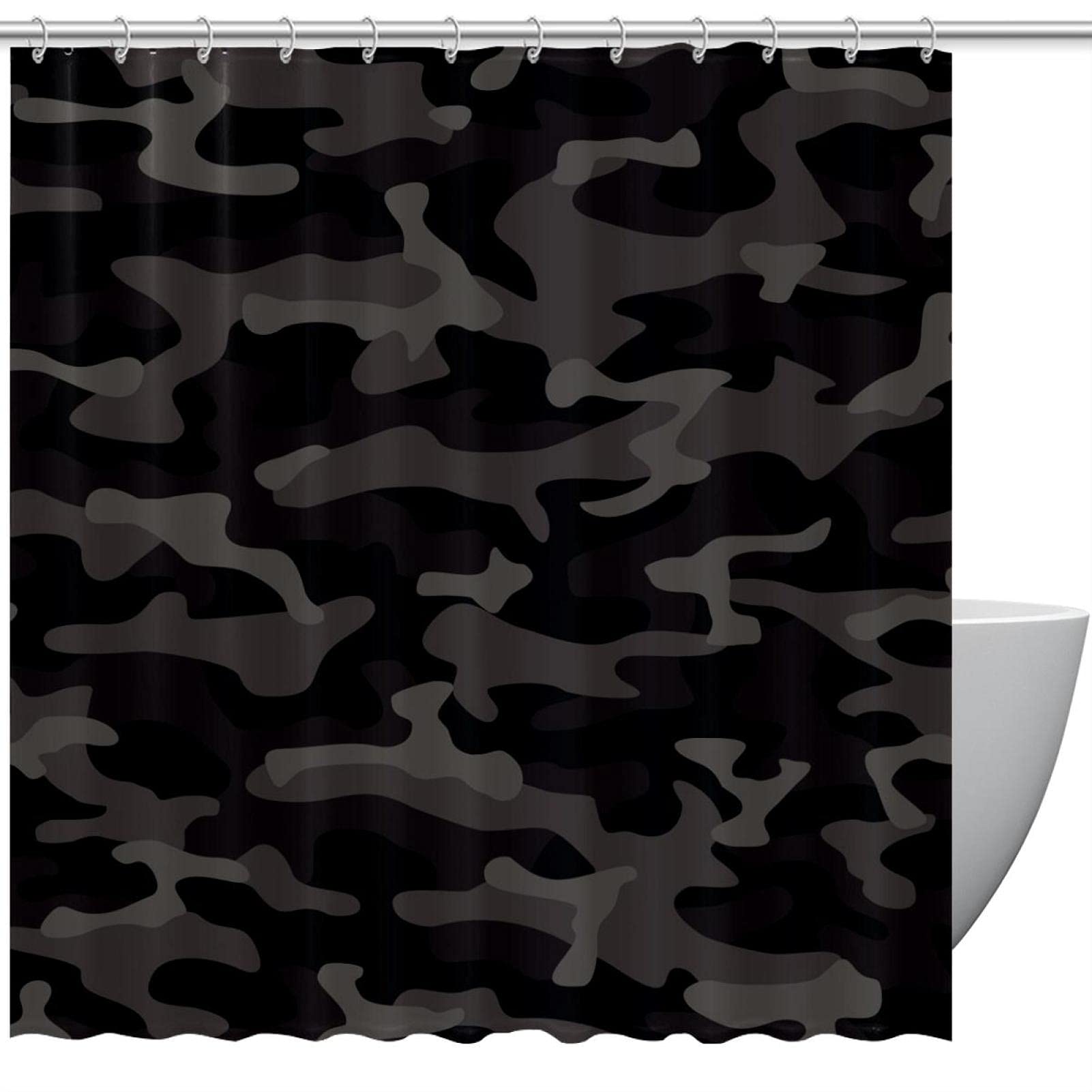 Rideau de douche noir motif camouflage salle de bain enfants avec crochets 183cm