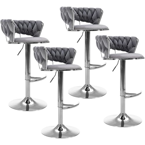 Velvet Swivel Bar Stools Set of 4, Modern Adjustable Barstools with Woven Back, Counter Height Bar Stool with Silver Leg, Upholstered Bar Chair for Kitchen Island, Pub, Cafes, Bar, Counter (Gray)