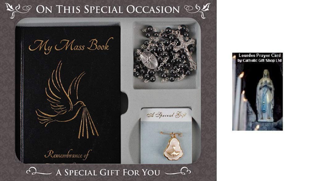 Catholic Gift Shop Souvenir Of Confirmation Gift Set Rosary Beads Mass Book & Rosette + Lourdes Prayer Card