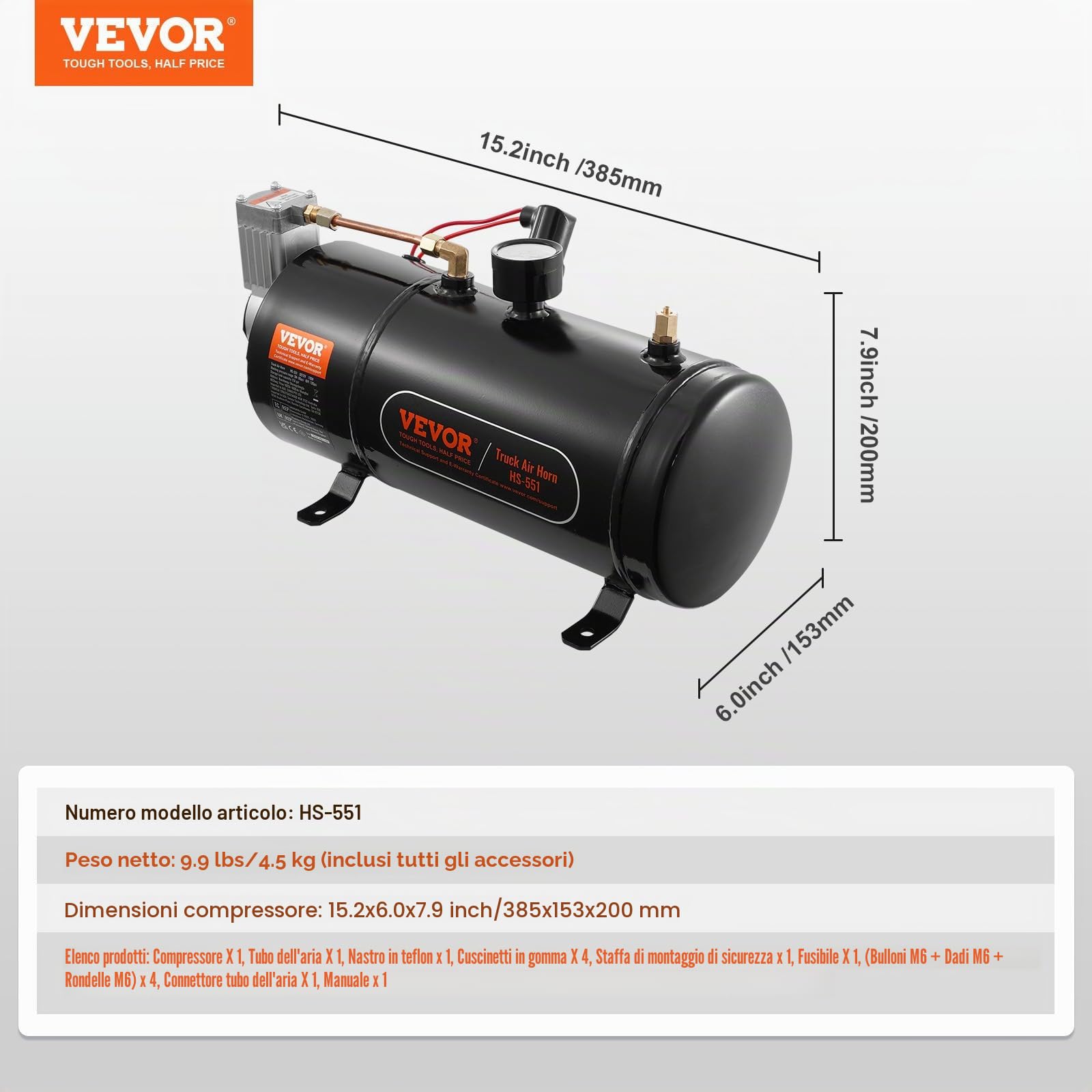 VEVOR Kit Compressore d'Aria 12V Serbatoio da 3 Litri, Kit Compressore d'Aria per Clacson Tromba, Pressione di Esercizio 90-120 PSI, Sistema di Compressore d'Aria Integrato per Clacson Tromba Camion