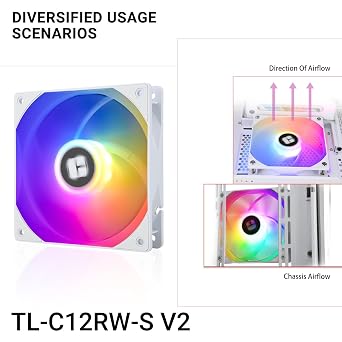 TR-Thermalright TL-C12RW-S V2 Case Fan-120mm Silent Cooling-ARGB,1500RPM Speed,Low-Noise 25.6dBA,for PC Cooling Systems,Reverse CPU Fan-White