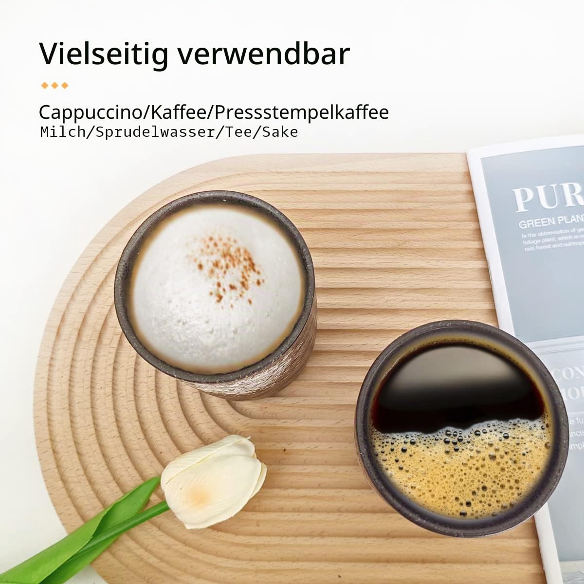 Japanisch Keramik Teetasse Ohne Henkel 2er Set, Schwarz 275ML | Vintage Chinesische Keramik Teebecher für Kaffee, Tee, Zuhause & Büro