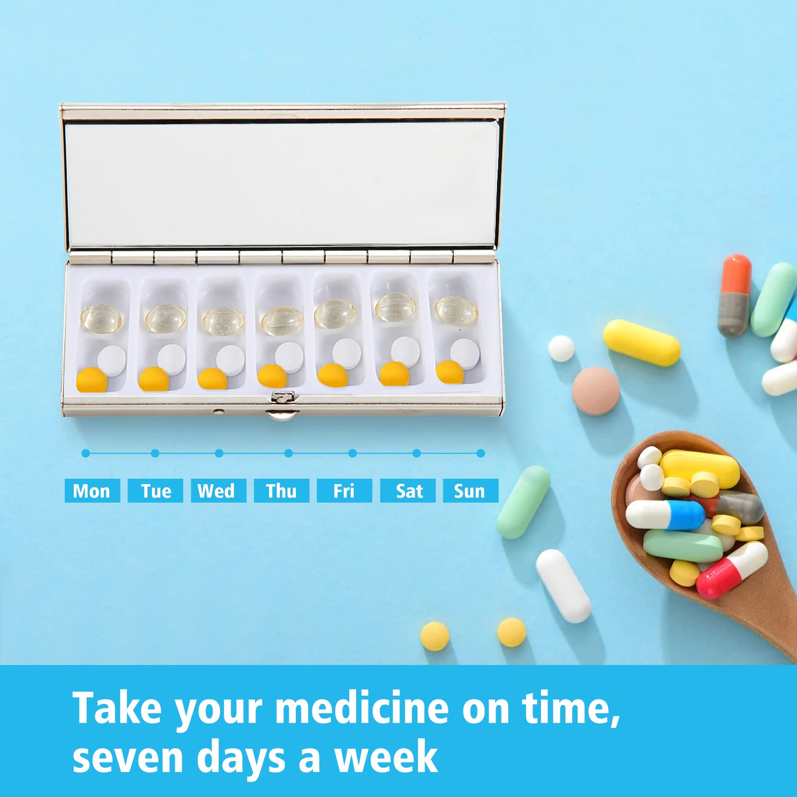 Pastillero de metal para 7 días, bonito organizador de píldoras, espejo de maquillaje integrado con diseño abierto de resorte y 7 compartimentos para guardar vitaminas, suplementos de aceite de hígado
