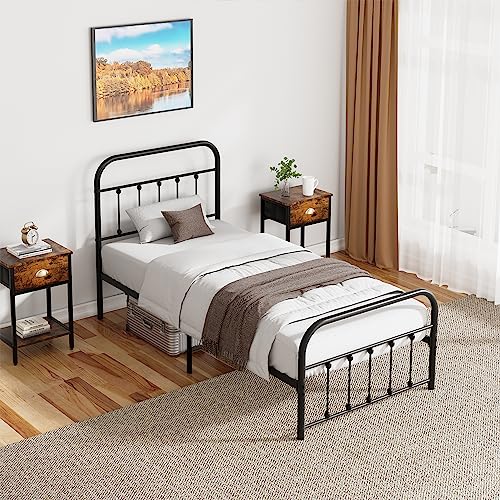 Walsunny Classic Metal Platform Bed Frame Mattress Foundation with Victorian Style Iron-Art Headboard/Footboard, Under Bed Storage, No Box Spring Needed, Twin Size