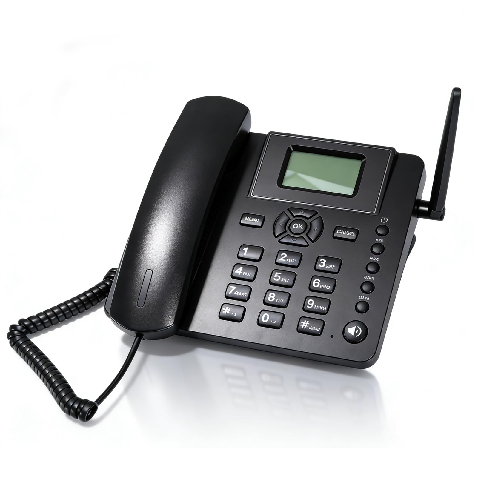 Wireless GSM Desk Telephone, Dual SIM Card Quadband Fixed Cordless Phone with External Antenna, FM Radio and Alarm Clock for Home, Office, Hotel Call Center