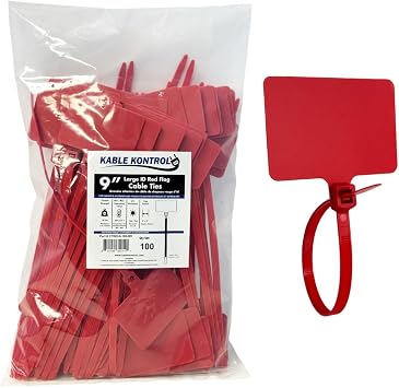 Kable Kontrol Cable Marker Zip Ties، 9 Inch 100 Pcs Large ID Flag Label Straps، Self-Locking اكتب على علامات Ethernet، Power، and Cord Labeling - Red