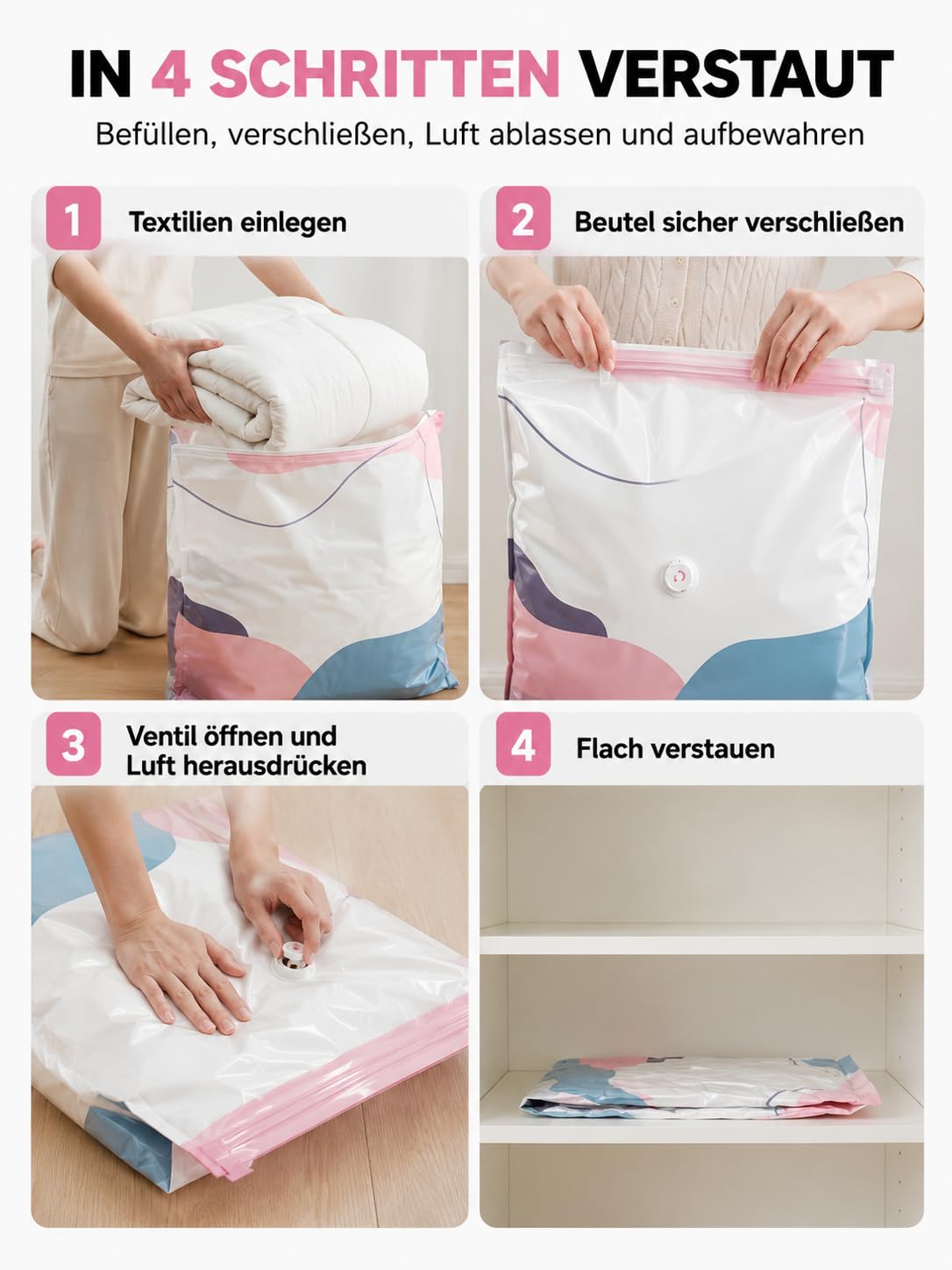 Vakuumbeutel Ohne Pumpe,No-Pump Large Vacuum Storage Compression Bags, für Bettdecken Kleidung Clothing，6pcs：100x80x30cm