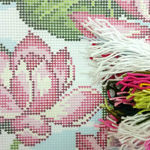 Image of Brvsk Floral Needlepoint Kit for Adults and Beginners - Lotus 16″ x 16″ with Clear, Precise Printed Design on Cotton Canvas; Includes 2 Needles, Yarn, and Easy-Read Chart