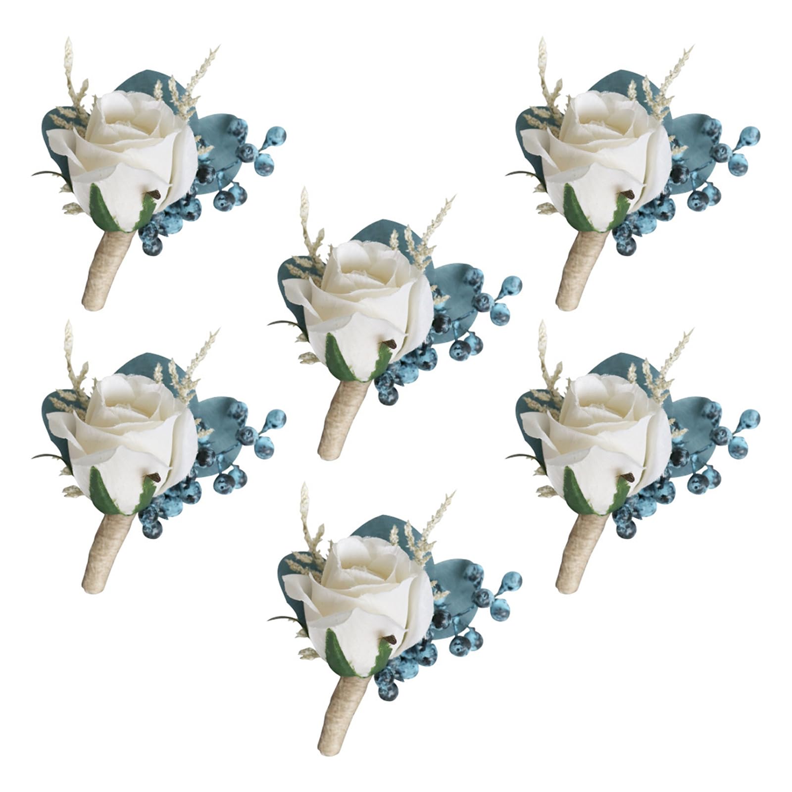 Bryer Men's Ivory 6Pcs Blue Rose Wedding Boutonniere, Artificial Rose Boutonnieres, Buttonhole Flowers, Wedding Buttonholes And Corsage With Pin And Clip For Groom Wedding Dance Man Party Suit