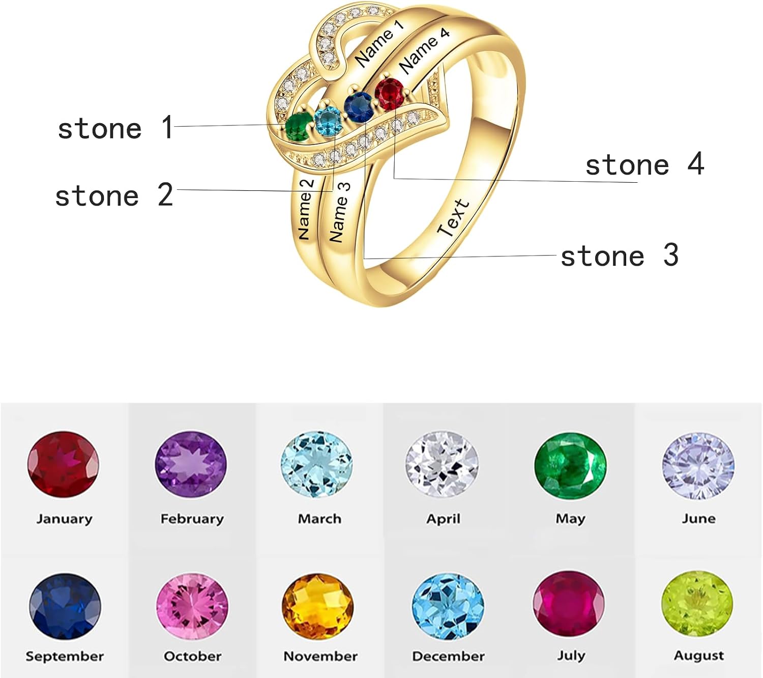 Silwan Solid 10K 14K 18K Gold 1-8 Mother Names Ring with Birthstone for Women Custom Grandmother Name Ring Personalized Jewelry Gifts for Mom Wife Family Birthday Mother's Day Christmas