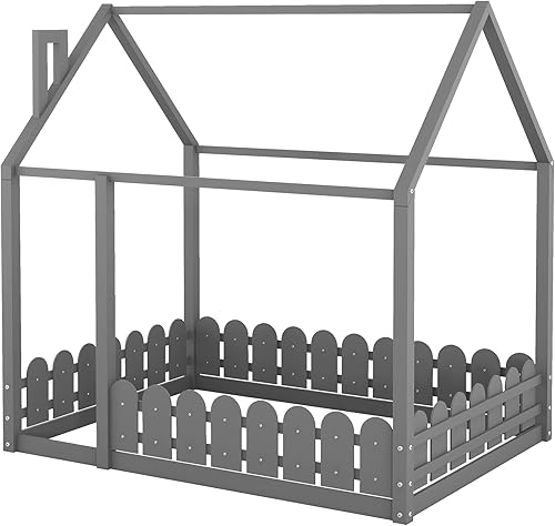 Miniatura 120 de MERITLINE Cama individual para niños, cama individual de madera para niños, cama Montessori con techo y ventana, cama de piso para niños pequeños,