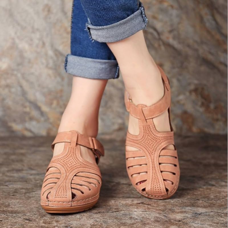 Sandalias ortopédicas retro en cuero legítimo de alta calidad con puntera cerrada para mujer 2