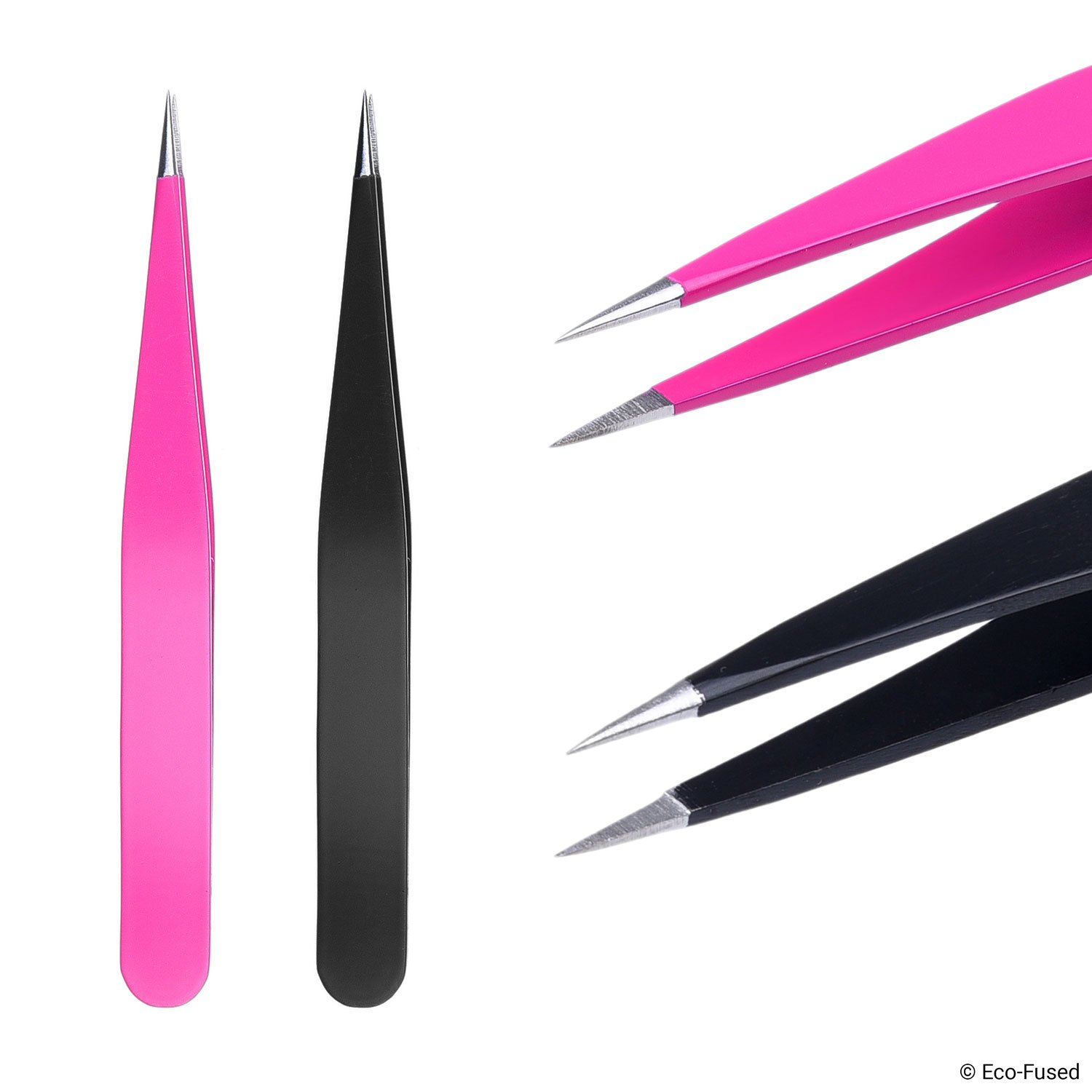 Tweezers - 2 Sets - Slant/Pointed/Flat - High Precision - Pluck Eyebrows, Apply Fake Eyelashes, Remove Facial/Body/Ingrown Hair - Essential Beauty & Personal Care Tool - Pink and Black