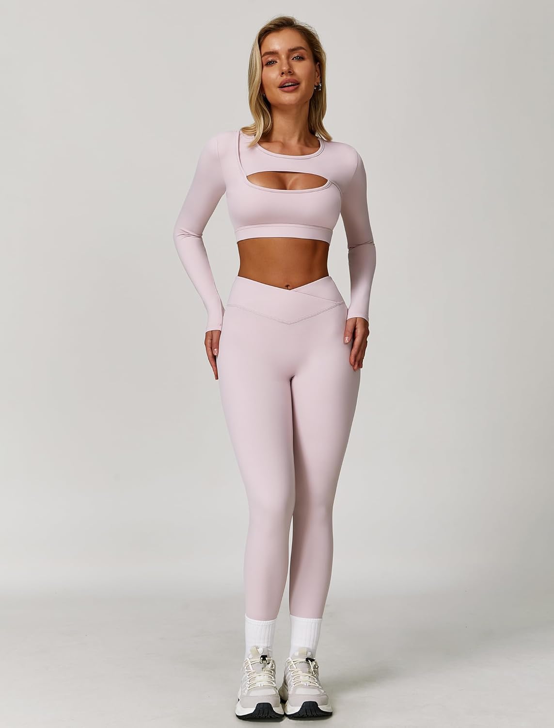 Workout Sets for Women 2 Piece Long Sleeve Seamless Cutout Crop Tops High Waist Leggings Yoga Athletic Gym Set - Image 3