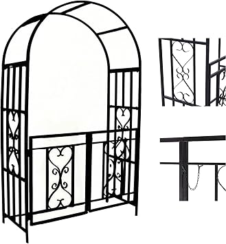 Garden Trellis Arbor Archway with Gate, Rose Arch Metal Pergola for Outdoor Plants, 83 in Black Wedding Ceremony Decoration, Durable Lawn/Patio Climbing Rose Support with 4X Ground Stakes