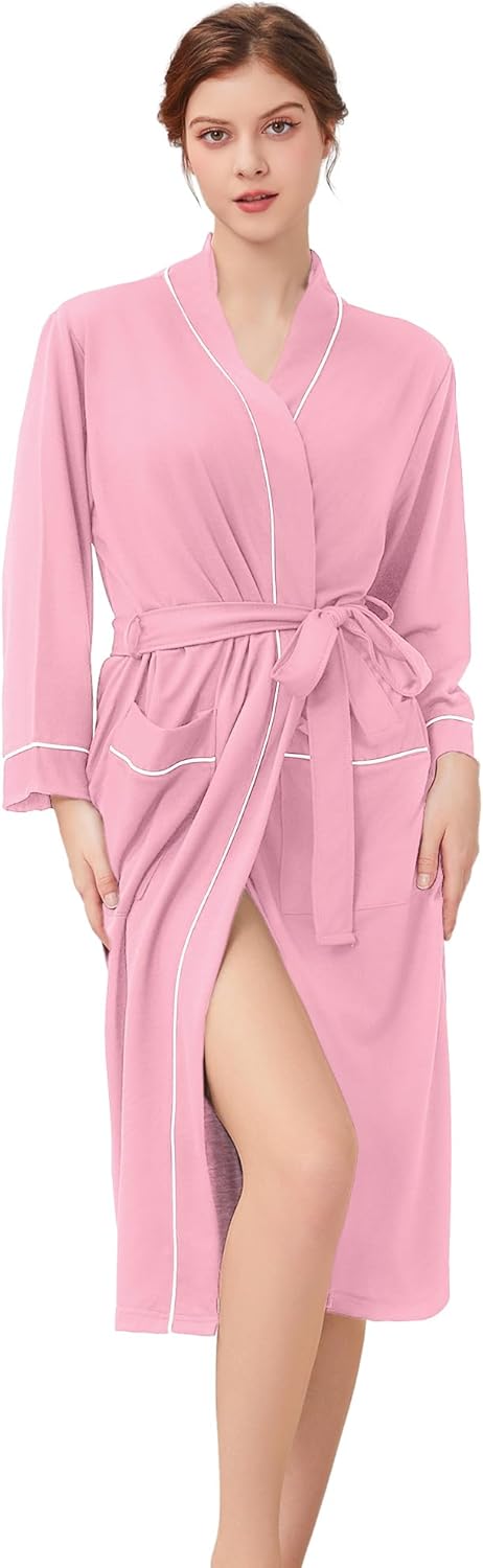 Womens Lightweight Robe, Knit Kimono Robe for Women Spa Cozy Sleepwear Knee Length Bathrobe with Pockets