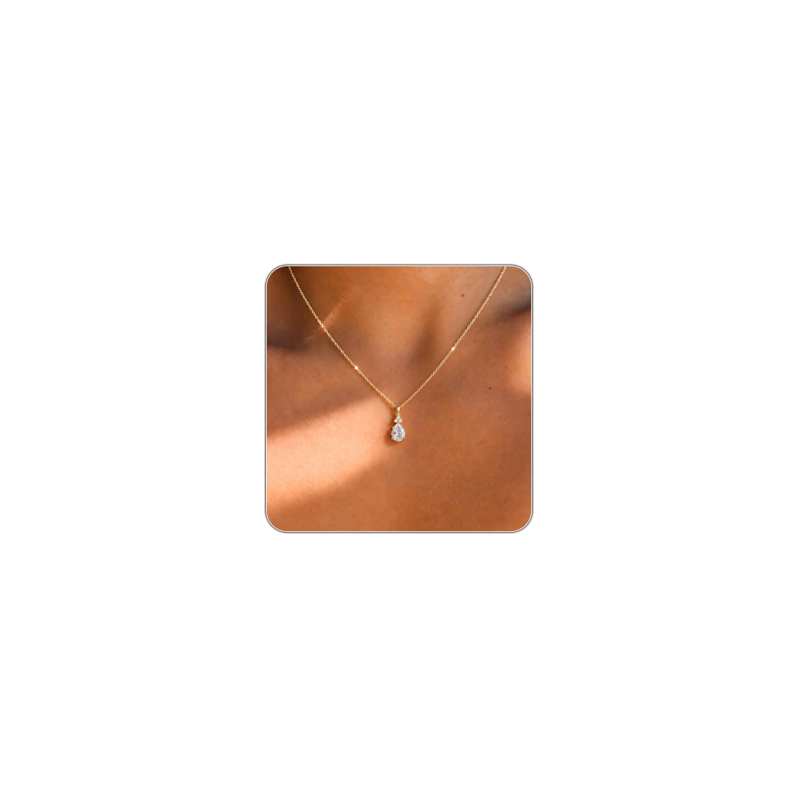 Gold Silver Necklace for Women, Dainty Cubic Zirconia Pendant Jewelry Gift 14K Gold Silver Plated, CZ Teardrop Bow Oval Charm, Simple Trendy Wedding Birthday Everyday Gift