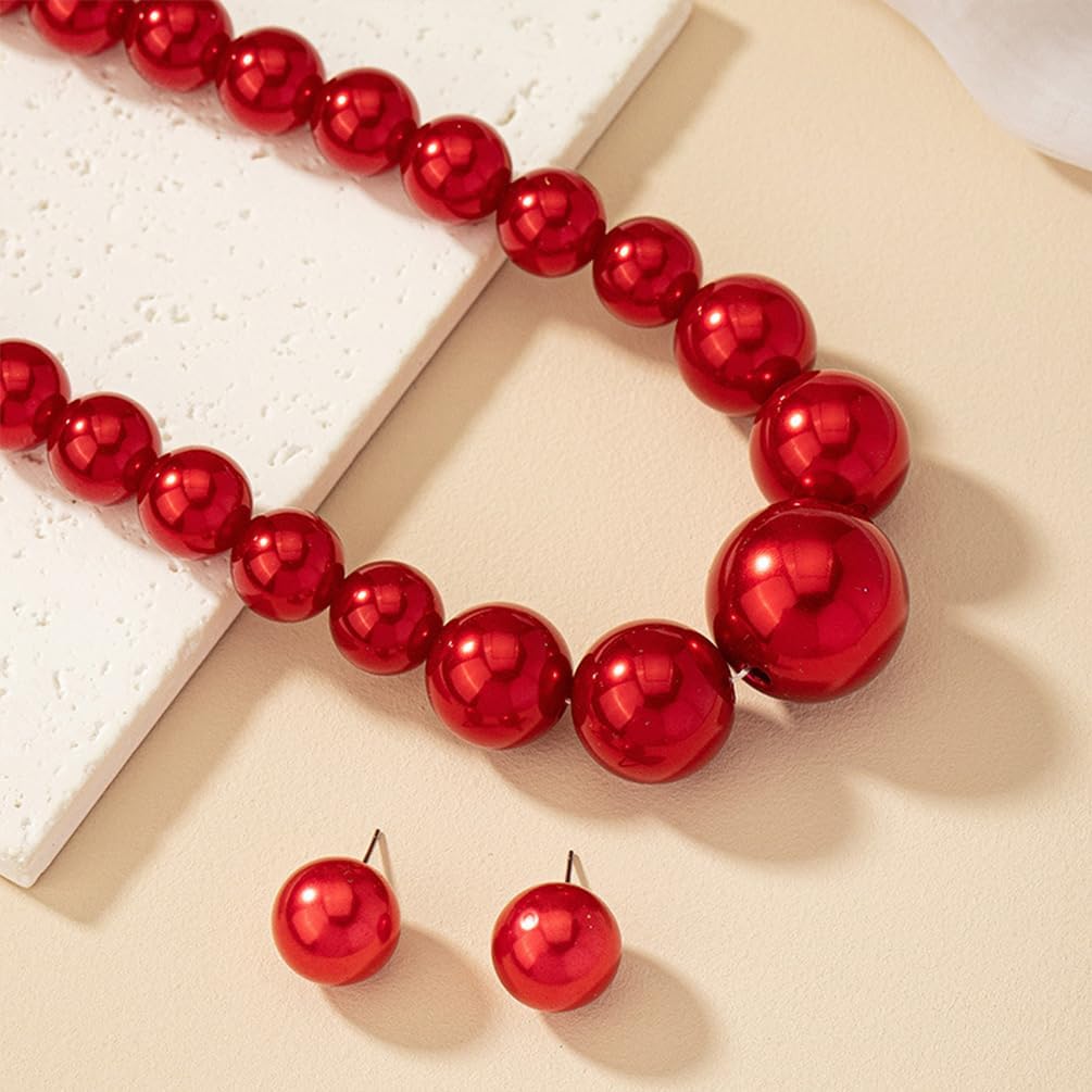Dainty Chunky Large Beaded Red Pearls Choker Necklace Earrings for Women, Statement Big Pearl Necklaces Stud Earring Y2K Costume Jewelry Accessories - Image 4