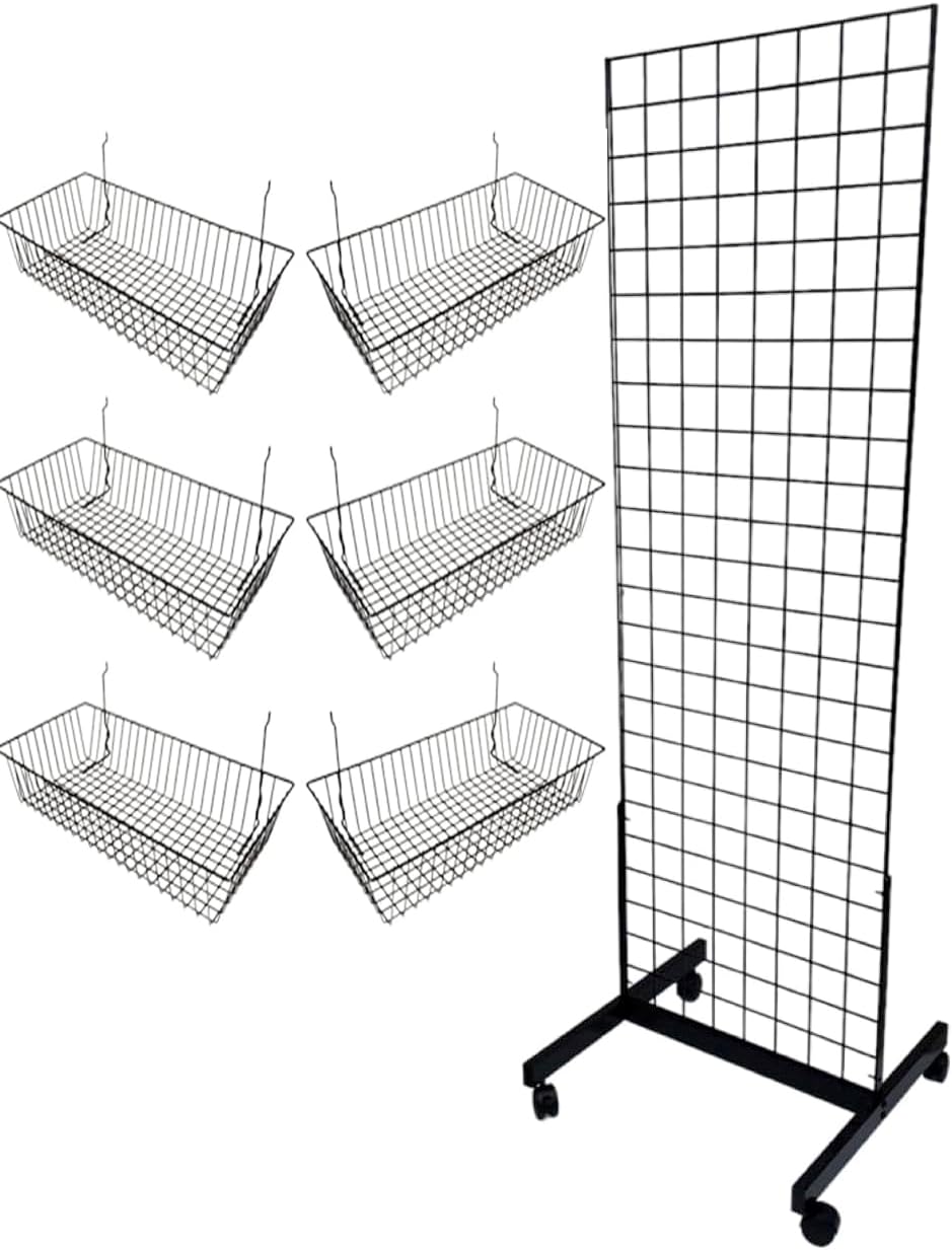 Only Hangers Black 2' x 6' Heavy Duty Commercial Grade Portable Gridwall Art Display Panel (KIT with Baskets) main image 1