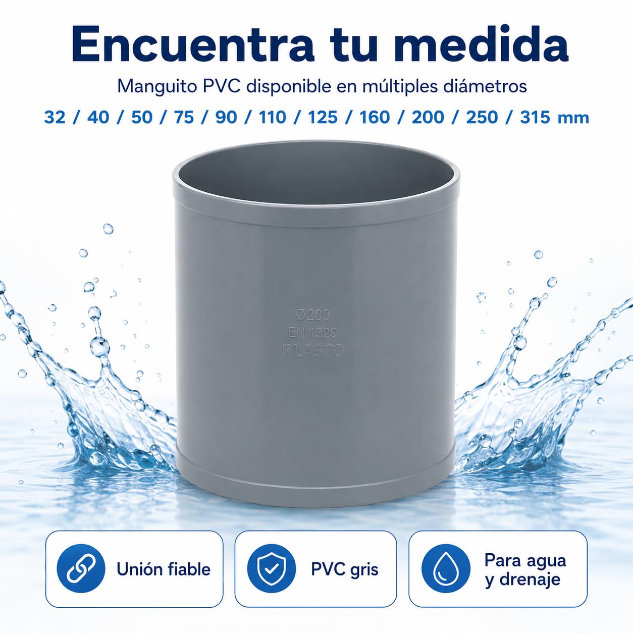 Manguito PVC para Unión de Tuberías de Saneamiento y Evacuación | Conector Recto para Empalmar Tubos PVC | Accesorio de Fontanería Disponible en Varias Medidas (315mm)