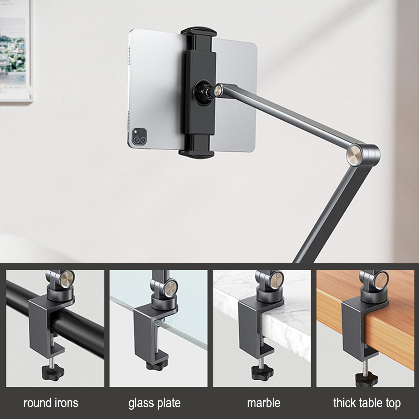 Buhelyc Soporte Tablet Cama, Flexible Soporte Movil Mesa con Brazo De Aluminio, Manos Libres, PortáTil, para Ver PelíCulas, para iPad U Otros Dispositivos De 4,7~12,9 Pulgadas, FáCil De Instalar