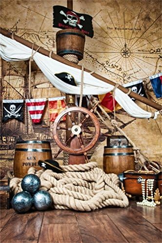 CSFOTO 5x7ft Pirates Ship Backdrop Deck Steering Wheel Flag Sailboat Birthday Party Background for Photography Children Bday Photo Backdrop