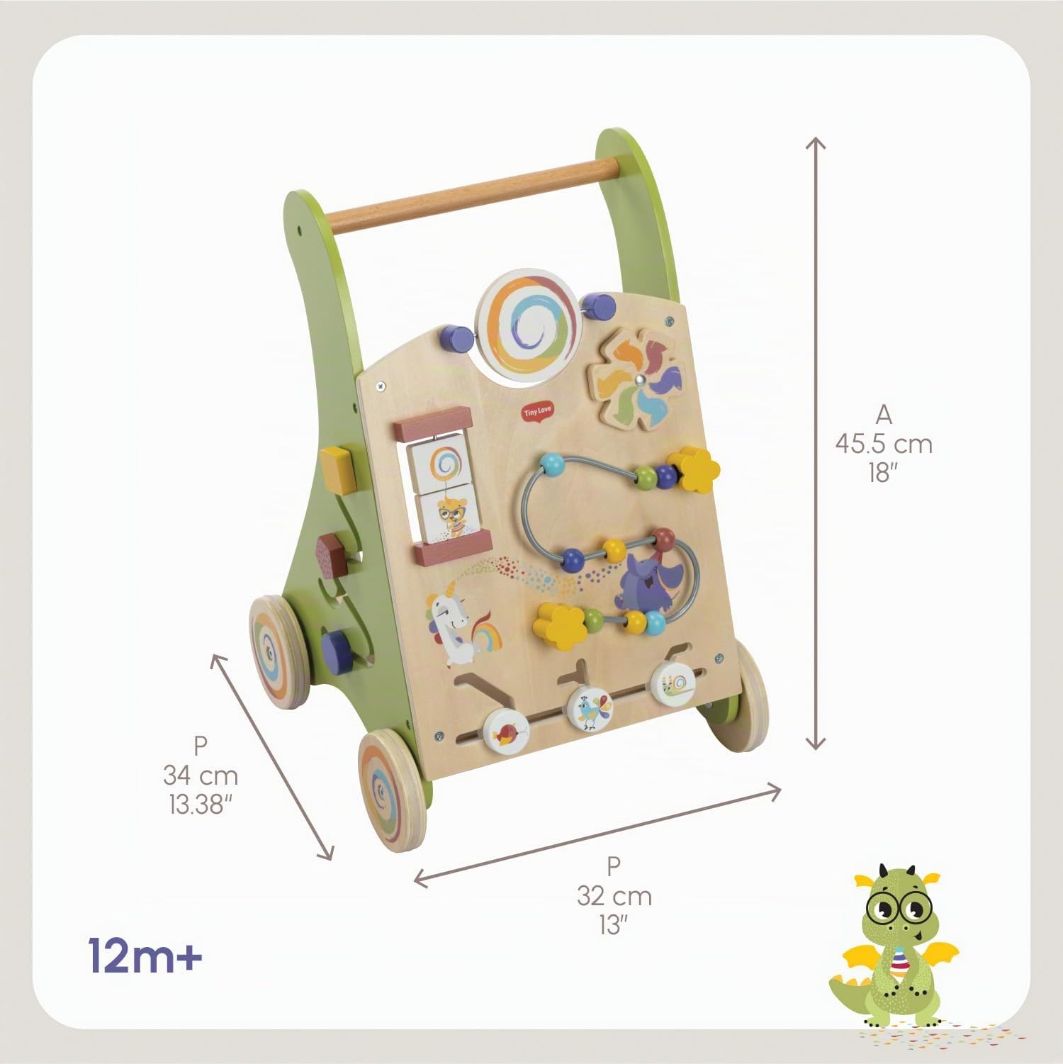 Tiny Love Walk Behind Carrello Primi Passi in Legno e Centro Attività Montessori, 12 Giochi Interattivi, Supporta Capacità Motorie e Sviluppo, Ruote Gommate Antiscivolo, 12+ Mesi, Born To Party