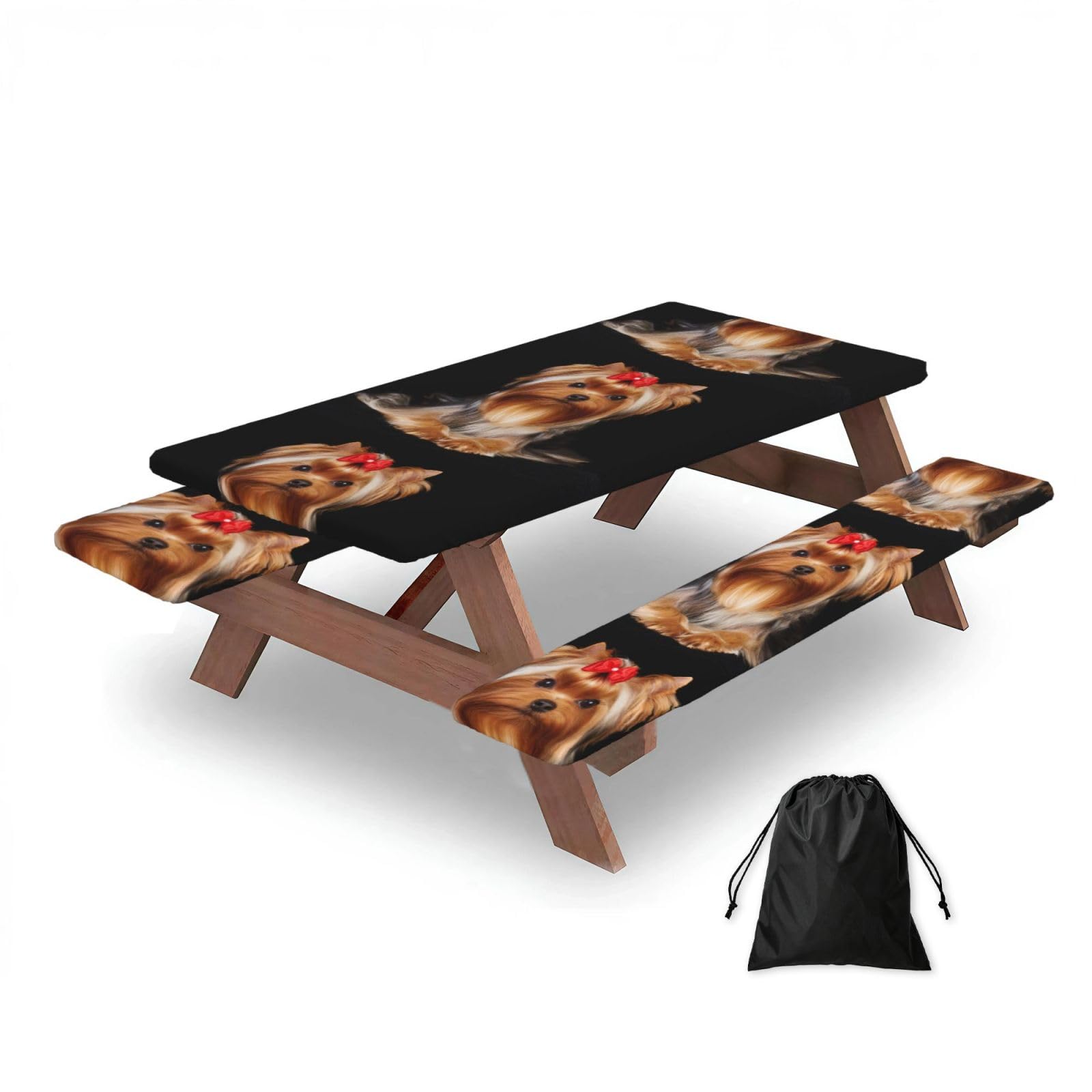 Dopklna As Picture Yorkshire Terrier And Ribbon, Picnic Table Cover With Bench Covers -Waterproof Elastic Fitted Tablecloth For Garden Camping Patio 76X152cm