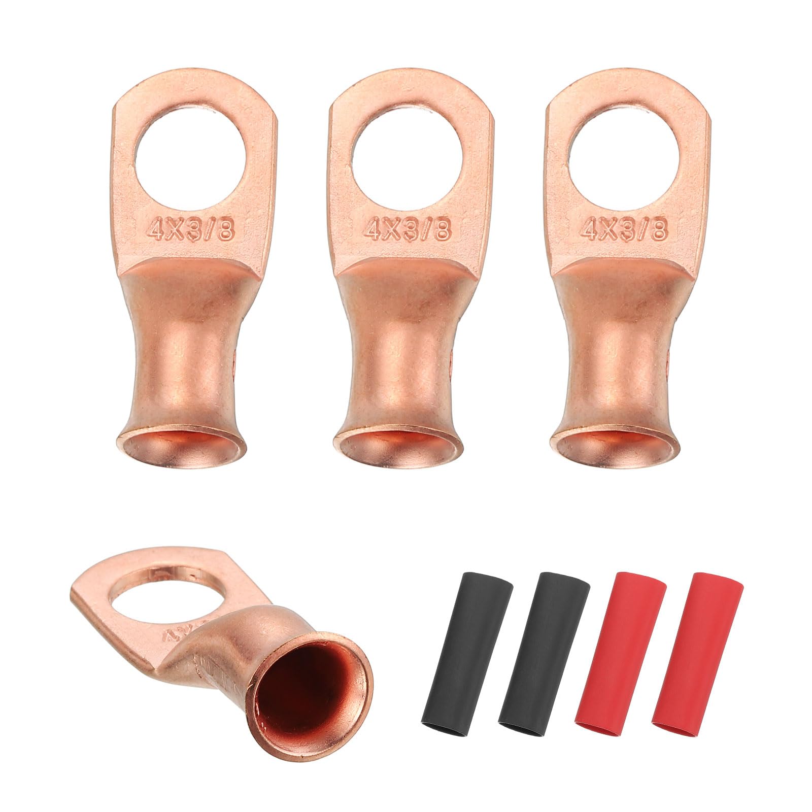 sourcing map 4pcs 4 AWG M10 Battery Lugs Ring Terminals, 3/8" 10mm Stud Crimp Wire Terminal Connector End Copper, 3:1 Heat Shrink Tubing, Gold