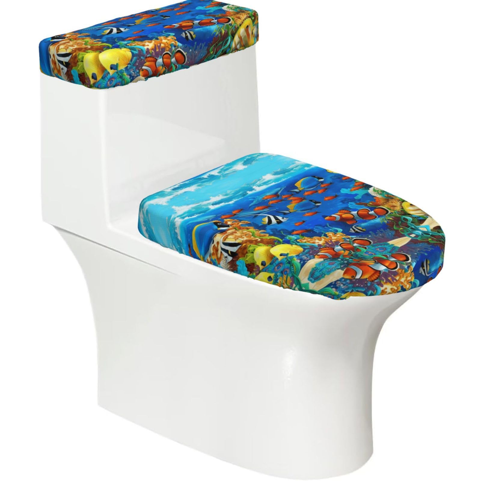 Ocean Tropical Fish Coral Undersea World 2-Piece Toilet Seat Cover Set with Tank Lid, Elastic Fit for U-Shape & Elongated Toilets, Bathroom Decor, Housewarming Gift
