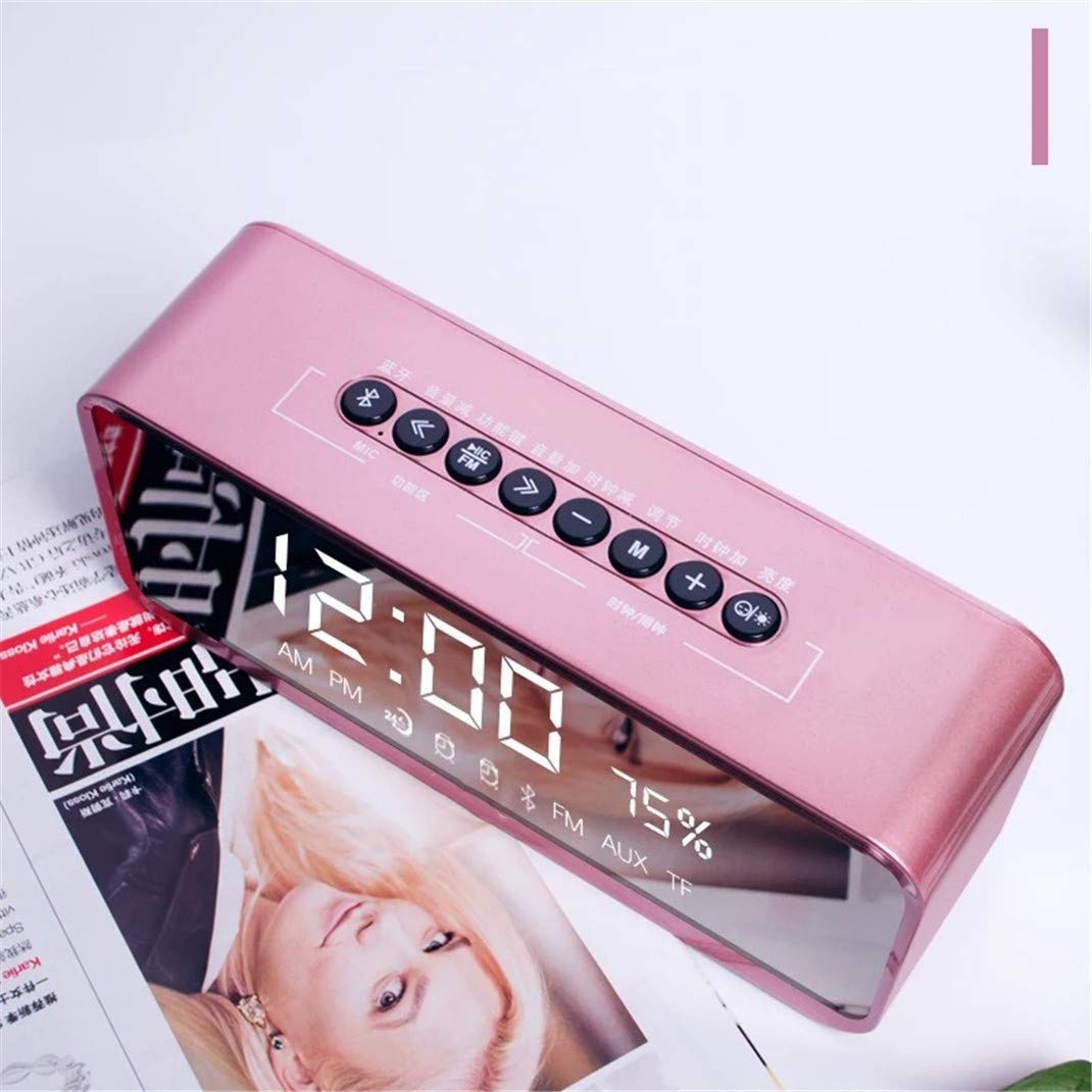 Mini Altavoz inalámbrico Bluetooth Reloj Despertador con Espejo Inteligente, Radio FM, Ajuste de Brillo, Reloj Despertador de Escritorio, repetición, Ajuste de Brillo, Rosa (Negro) (Rosa)