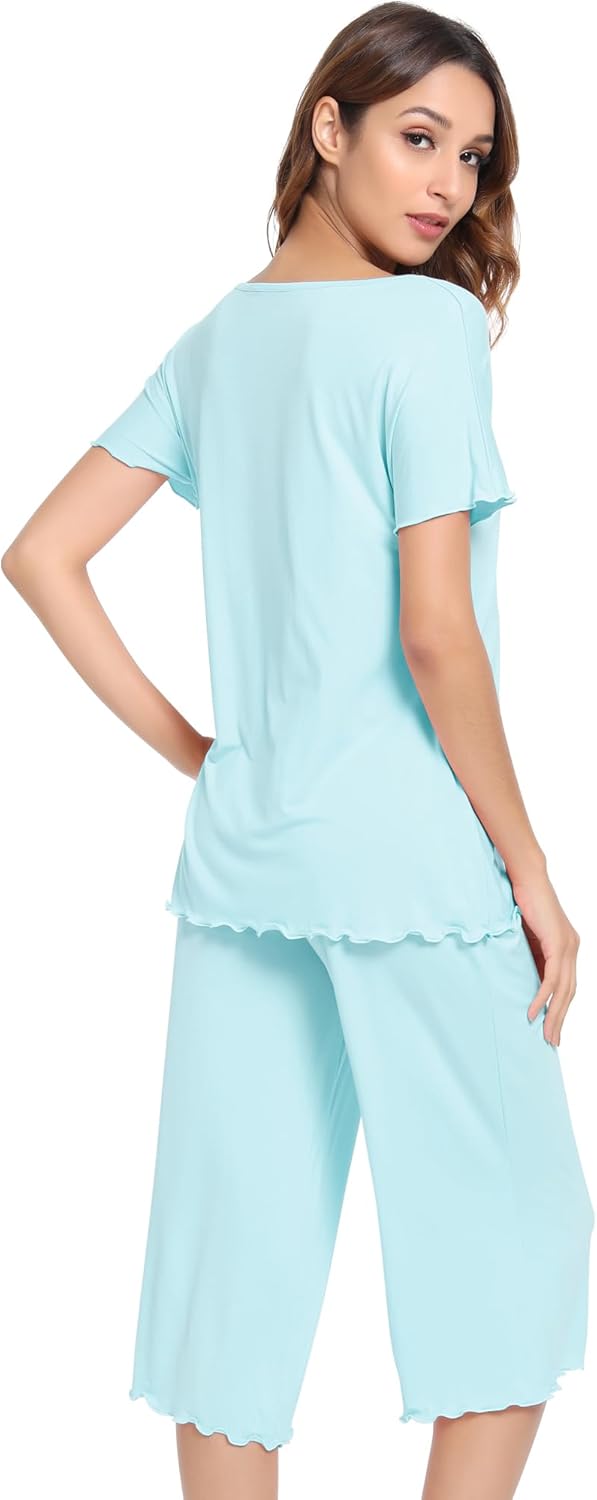 NACHILA Pajamas for Women-Viscose Made from Bamboo,Short Sleeve Sleepwear Cooling Pjs Top with Capri Pants Pajama Sets - Image 3