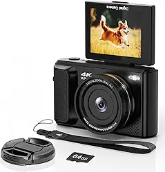 Câmera digital 4K com tela flip de 2,8 polegadas 180° - Canera compacta, câmera fotográfica, design fácil de carregar, cartão de 64 GB para viagens, zoom de 16x, bateria embutida de 1500 mAh