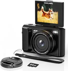 Câmera digital 4K com tela flip de 2,8 polegadas 180° - Canera compacta, câmera fotográfica, design fácil de carregar, cartão de 64 GB para viagens, zoom de 16x, bateria embutida de 1500 mAh