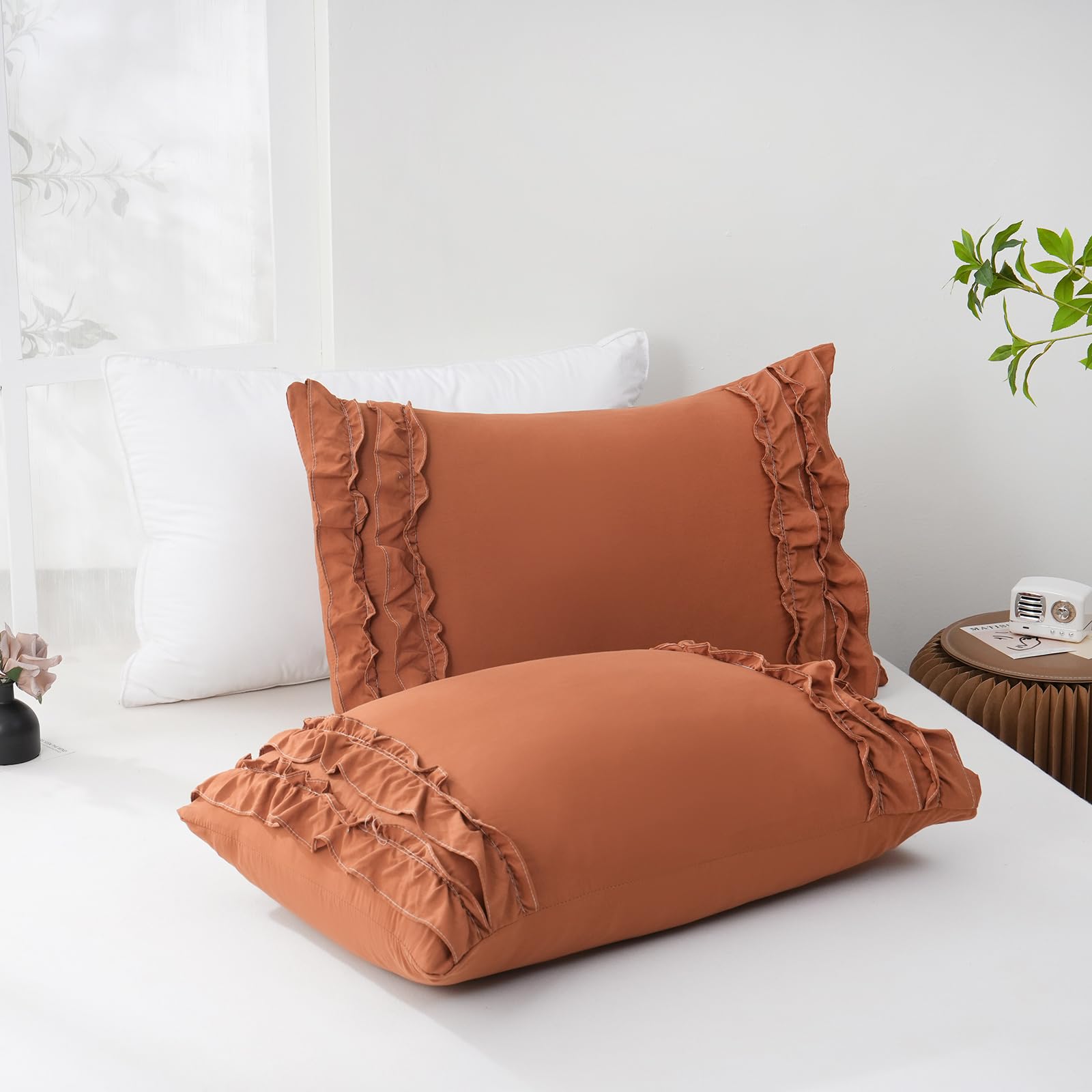 Herside Burnt Orange Pillowcase,King Size Pillowcases Set of 2,Chic Ruffle Pillow Shams,20x36 inches,Soft Microfiber French Country Vintage Ruffled King Pillow Cases 2 Pack(Burnt Orange,King)