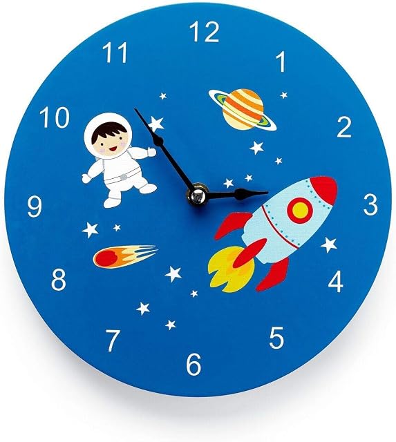 Mousehouse Gifts Kids Working Wooden Wall Clock in a Space, Spaceman, Rocket Theme (Space)